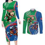 Personalised Rabbitohs And Knights Rugby Couples Matching Long Sleeve Bodycon Dress and Long Sleeve Button Shirt Aboriginal Mix Polynesian Pattern