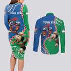 Personalised Rabbitohs And Knights Rugby Couples Matching Long Sleeve Bodycon Dress and Long Sleeve Button Shirt Aboriginal Mix Polynesian Pattern