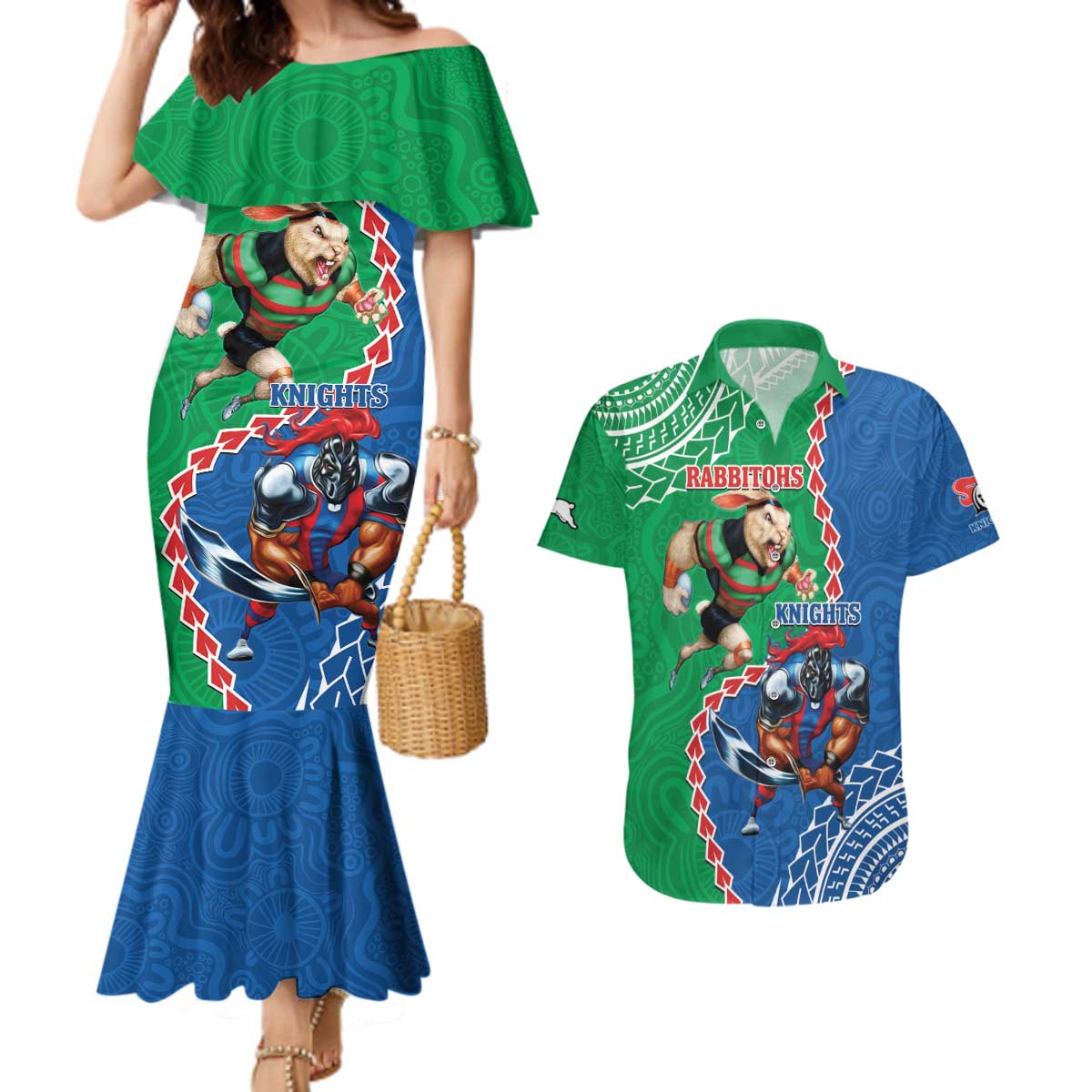 Personalised Rabbitohs And Knights Rugby Couples Matching Mermaid Dress and Hawaiian Shirt Aboriginal Mix Polynesian Pattern