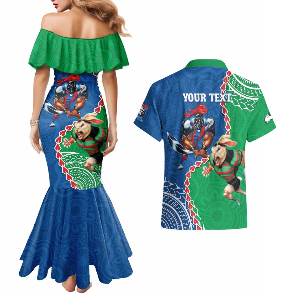Personalised Rabbitohs And Knights Rugby Couples Matching Mermaid Dress and Hawaiian Shirt Aboriginal Mix Polynesian Pattern