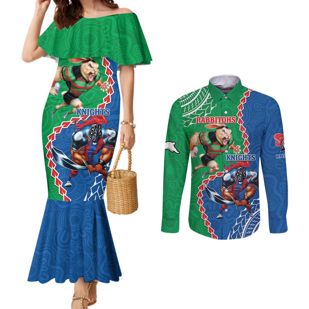 Personalised Rabbitohs And Knights Rugby Couples Matching Mermaid Dress and Long Sleeve Button Shirt Aboriginal Mix Polynesian Pattern