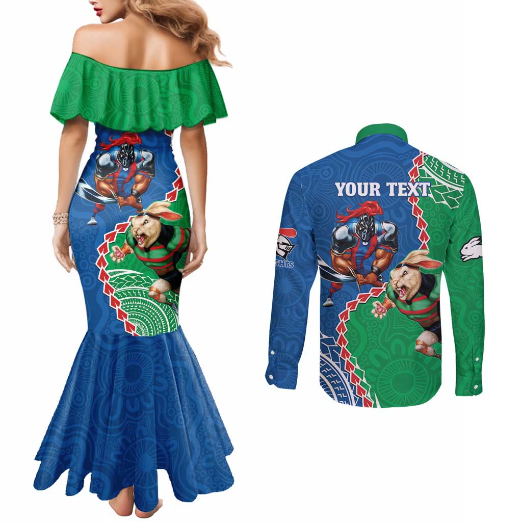 Personalised Rabbitohs And Knights Rugby Couples Matching Mermaid Dress and Long Sleeve Button Shirt Aboriginal Mix Polynesian Pattern