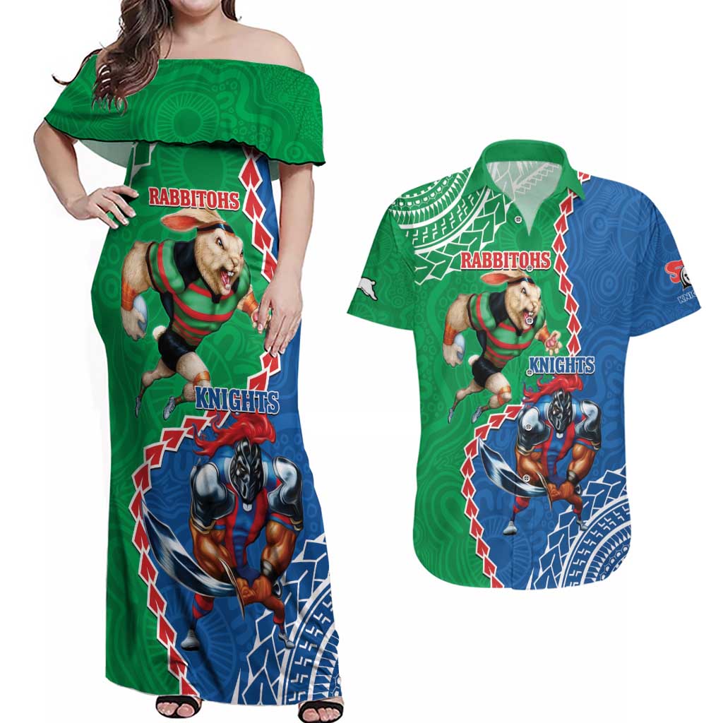 Personalised Rabbitohs And Knights Rugby Couples Matching Off Shoulder Maxi Dress and Hawaiian Shirt Aboriginal Mix Polynesian Pattern