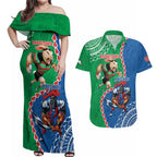 Personalised Rabbitohs And Knights Rugby Couples Matching Off Shoulder Maxi Dress and Hawaiian Shirt Aboriginal Mix Polynesian Pattern