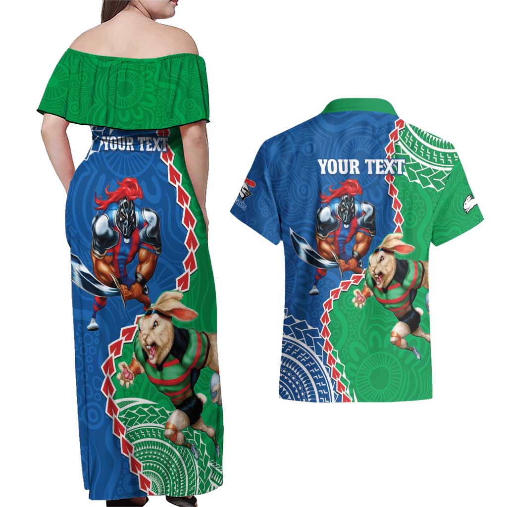 Personalised Rabbitohs And Knights Rugby Couples Matching Off Shoulder Maxi Dress and Hawaiian Shirt Aboriginal Mix Polynesian Pattern