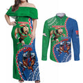 Personalised Rabbitohs And Knights Rugby Couples Matching Off Shoulder Maxi Dress and Long Sleeve Button Shirt Aboriginal Mix Polynesian Pattern