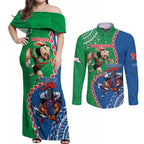 Personalised Rabbitohs And Knights Rugby Couples Matching Off Shoulder Maxi Dress and Long Sleeve Button Shirt Aboriginal Mix Polynesian Pattern