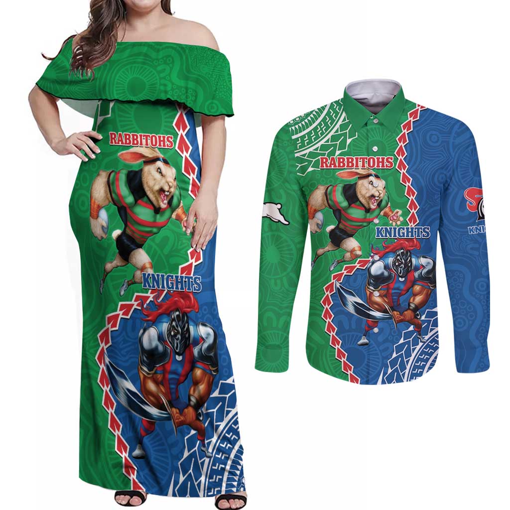 Personalised Rabbitohs And Knights Rugby Couples Matching Off Shoulder Maxi Dress and Long Sleeve Button Shirt Aboriginal Mix Polynesian Pattern