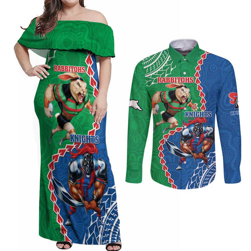 Personalised Rabbitohs And Knights Rugby Couples Matching Off Shoulder Maxi Dress and Long Sleeve Button Shirt Aboriginal Mix Polynesian Pattern