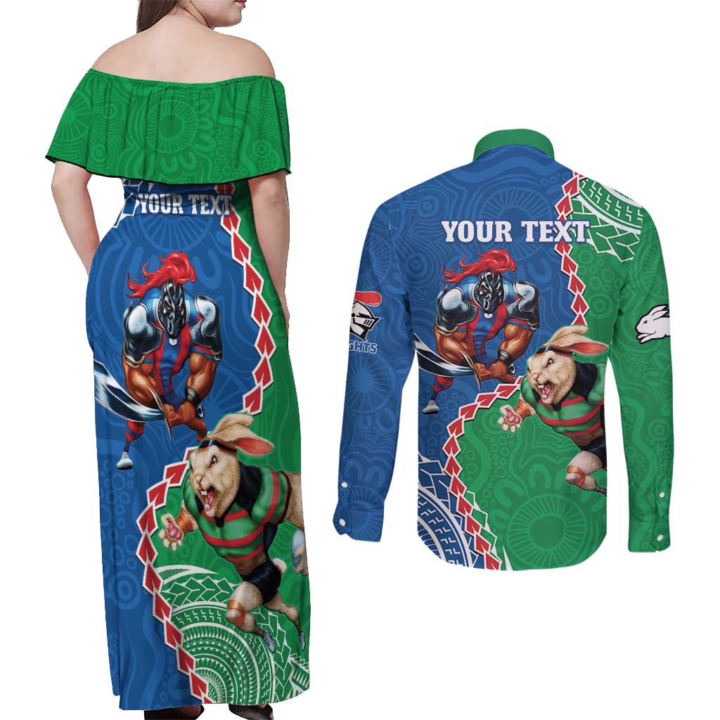 Personalised Rabbitohs And Knights Rugby Couples Matching Off Shoulder Maxi Dress and Long Sleeve Button Shirt Aboriginal Mix Polynesian Pattern