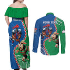 Personalised Rabbitohs And Knights Rugby Couples Matching Off Shoulder Maxi Dress and Long Sleeve Button Shirt Aboriginal Mix Polynesian Pattern