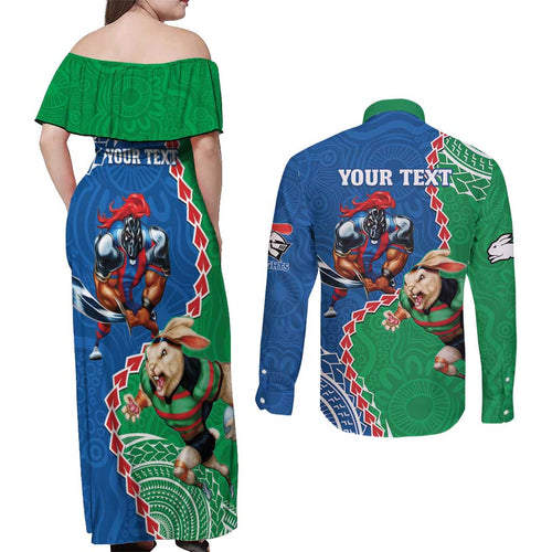 Personalised Rabbitohs And Knights Rugby Couples Matching Off Shoulder Maxi Dress and Long Sleeve Button Shirt Aboriginal Mix Polynesian Pattern