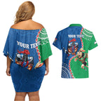 Personalised Rabbitohs And Knights Rugby Couples Matching Off Shoulder Short Dress and Hawaiian Shirt Aboriginal Mix Polynesian Pattern