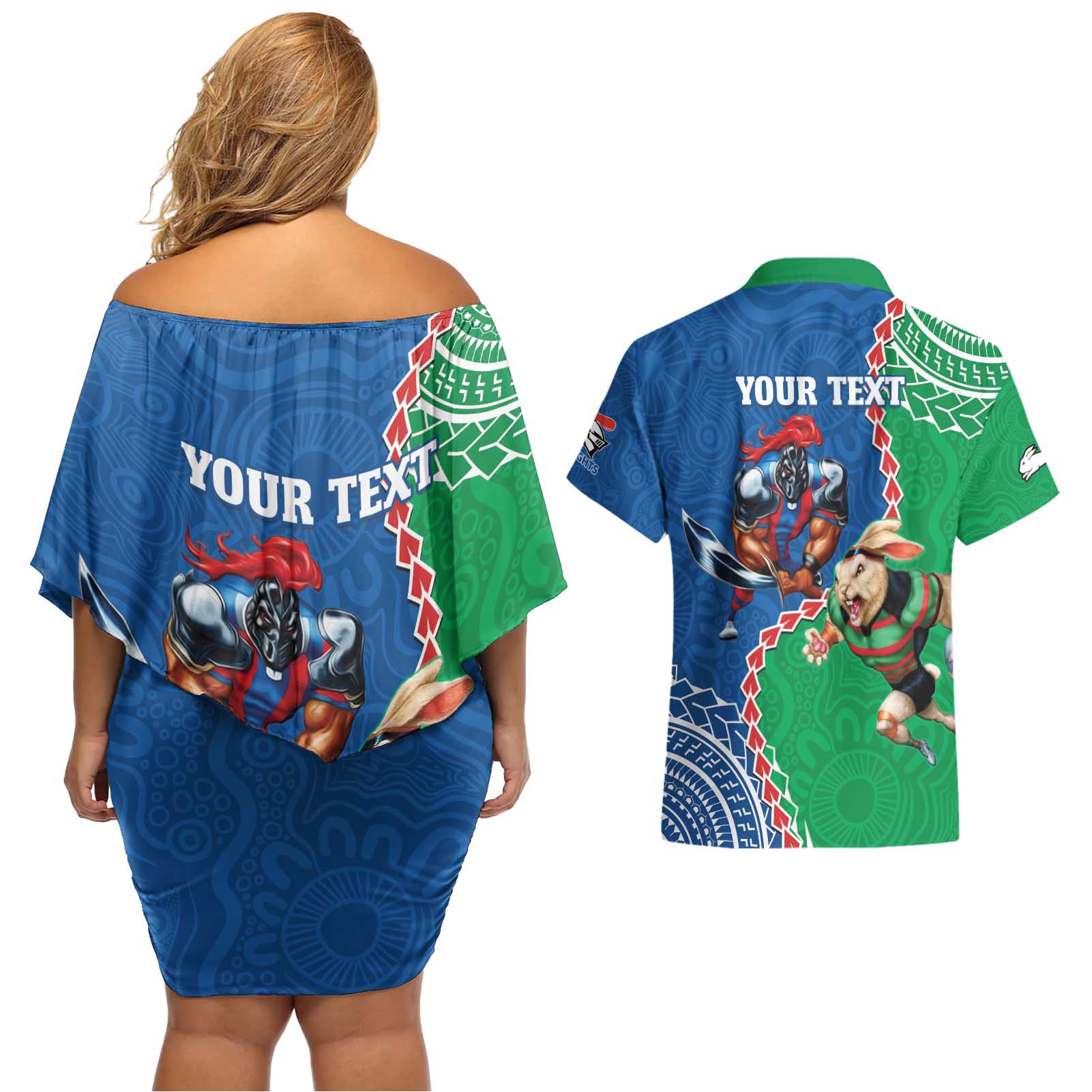Personalised Rabbitohs And Knights Rugby Couples Matching Off Shoulder Short Dress and Hawaiian Shirt Aboriginal Mix Polynesian Pattern