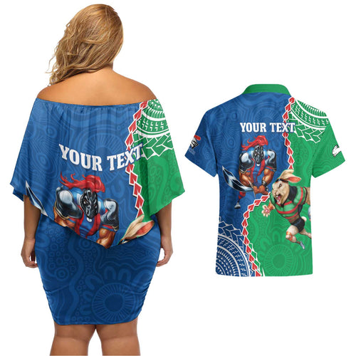 Personalised Rabbitohs And Knights Rugby Couples Matching Off Shoulder Short Dress and Hawaiian Shirt Aboriginal Mix Polynesian Pattern