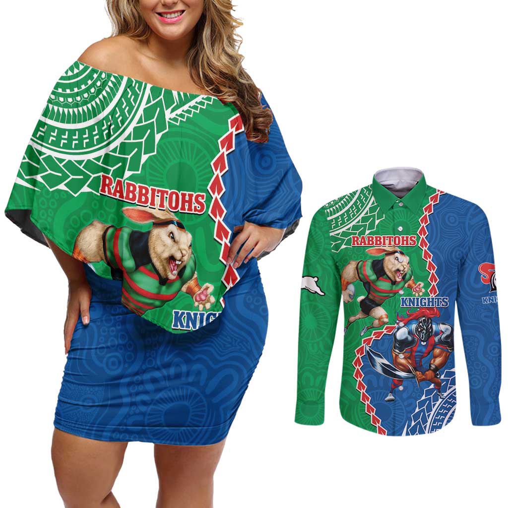 Personalised Rabbitohs And Knights Rugby Couples Matching Off Shoulder Short Dress and Long Sleeve Button Shirt Aboriginal Mix Polynesian Pattern