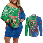 Personalised Rabbitohs And Knights Rugby Couples Matching Off Shoulder Short Dress and Long Sleeve Button Shirt Aboriginal Mix Polynesian Pattern