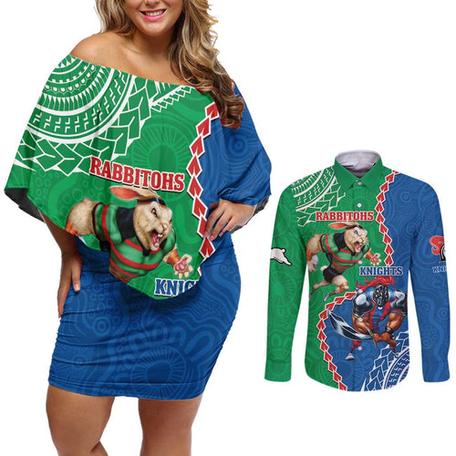 Personalised Rabbitohs And Knights Rugby Couples Matching Off Shoulder Short Dress and Long Sleeve Button Shirt Aboriginal Mix Polynesian Pattern