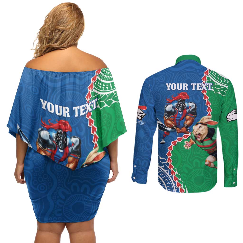 Personalised Rabbitohs And Knights Rugby Couples Matching Off Shoulder Short Dress and Long Sleeve Button Shirt Aboriginal Mix Polynesian Pattern