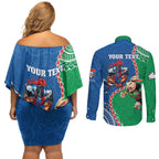Personalised Rabbitohs And Knights Rugby Couples Matching Off Shoulder Short Dress and Long Sleeve Button Shirt Aboriginal Mix Polynesian Pattern