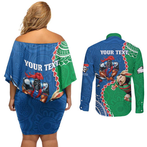 Personalised Rabbitohs And Knights Rugby Couples Matching Off Shoulder Short Dress and Long Sleeve Button Shirt Aboriginal Mix Polynesian Pattern