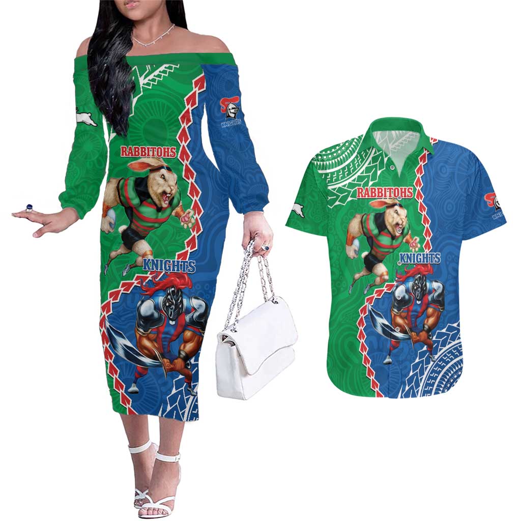 Personalised Rabbitohs And Knights Rugby Couples Matching Off The Shoulder Long Sleeve Dress and Hawaiian Shirt Aboriginal Mix Polynesian Pattern