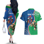 Personalised Rabbitohs And Knights Rugby Couples Matching Off The Shoulder Long Sleeve Dress and Hawaiian Shirt Aboriginal Mix Polynesian Pattern