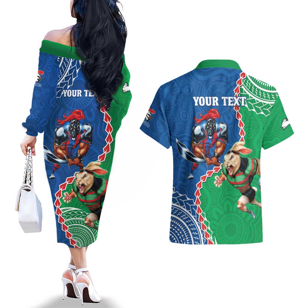 Personalised Rabbitohs And Knights Rugby Couples Matching Off The Shoulder Long Sleeve Dress and Hawaiian Shirt Aboriginal Mix Polynesian Pattern