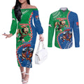 Personalised Rabbitohs And Knights Rugby Couples Matching Off The Shoulder Long Sleeve Dress and Long Sleeve Button Shirt Aboriginal Mix Polynesian Pattern