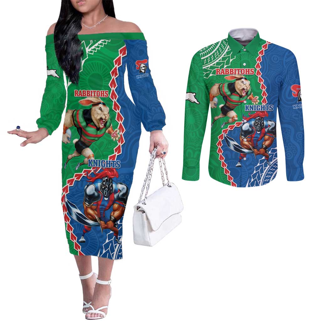 Personalised Rabbitohs And Knights Rugby Couples Matching Off The Shoulder Long Sleeve Dress and Long Sleeve Button Shirt Aboriginal Mix Polynesian Pattern