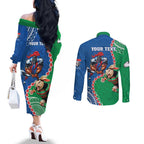 Personalised Rabbitohs And Knights Rugby Couples Matching Off The Shoulder Long Sleeve Dress and Long Sleeve Button Shirt Aboriginal Mix Polynesian Pattern