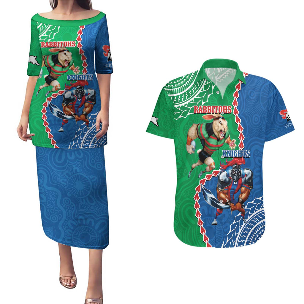 Personalised Rabbitohs And Knights Rugby Couples Matching Puletasi and Hawaiian Shirt Aboriginal Mix Polynesian Pattern