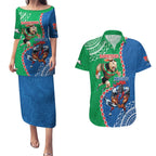 Personalised Rabbitohs And Knights Rugby Couples Matching Puletasi and Hawaiian Shirt Aboriginal Mix Polynesian Pattern