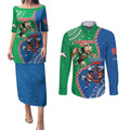 Personalised Rabbitohs And Knights Rugby Couples Matching Puletasi and Long Sleeve Button Shirt Aboriginal Mix Polynesian Pattern