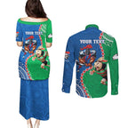 Personalised Rabbitohs And Knights Rugby Couples Matching Puletasi and Long Sleeve Button Shirt Aboriginal Mix Polynesian Pattern
