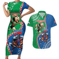 Personalised Rabbitohs And Knights Rugby Couples Matching Short Sleeve Bodycon Dress and Hawaiian Shirt Aboriginal Mix Polynesian Pattern