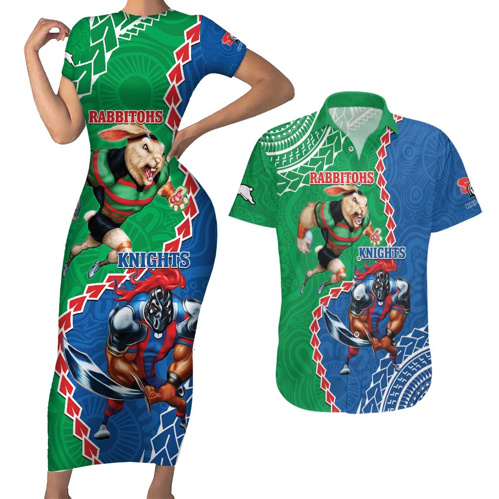 Personalised Rabbitohs And Knights Rugby Couples Matching Short Sleeve Bodycon Dress and Hawaiian Shirt Aboriginal Mix Polynesian Pattern