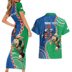 Personalised Rabbitohs And Knights Rugby Couples Matching Short Sleeve Bodycon Dress and Hawaiian Shirt Aboriginal Mix Polynesian Pattern