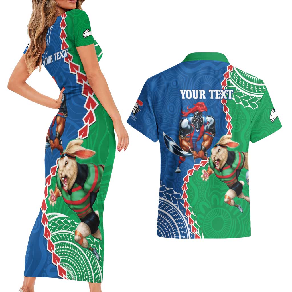 Personalised Rabbitohs And Knights Rugby Couples Matching Short Sleeve Bodycon Dress and Hawaiian Shirt Aboriginal Mix Polynesian Pattern