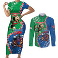 Personalised Rabbitohs And Knights Rugby Couples Matching Short Sleeve Bodycon Dress and Long Sleeve Button Shirt Aboriginal Mix Polynesian Pattern