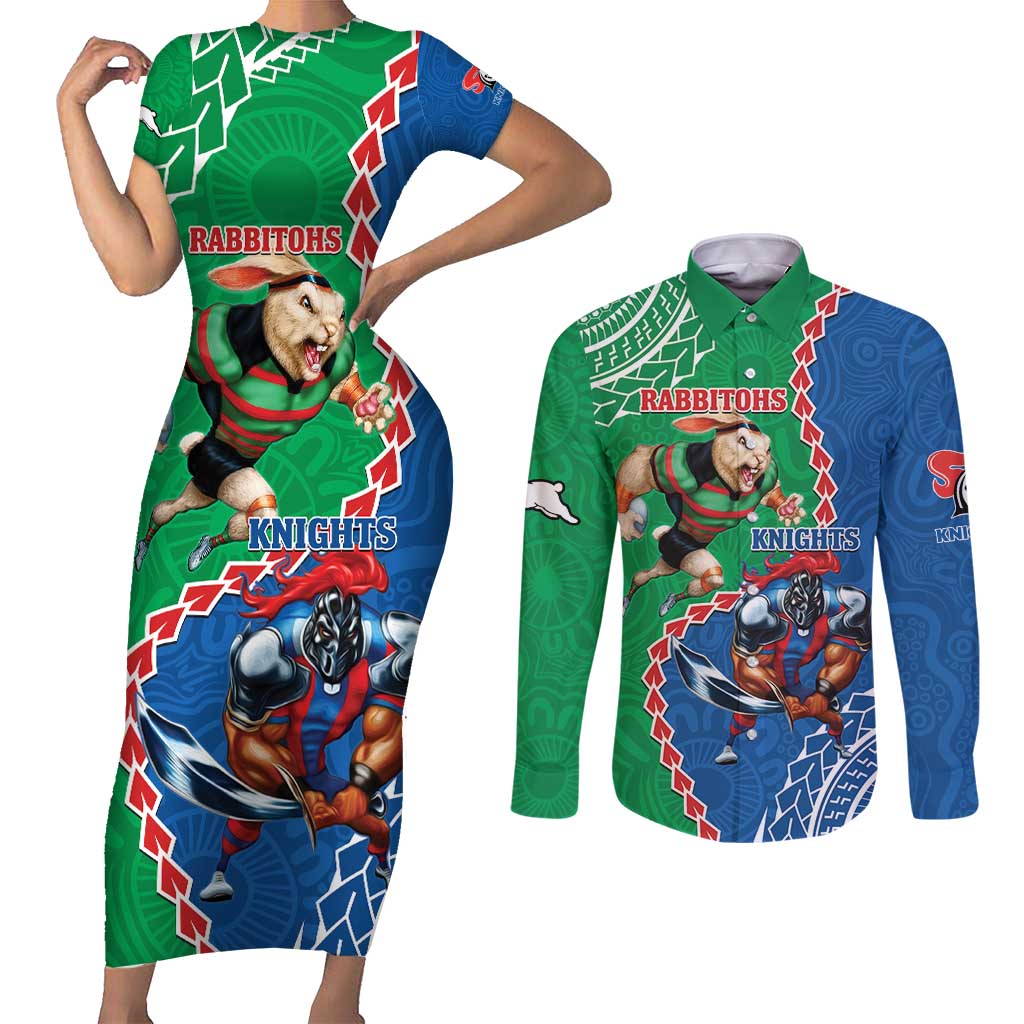Personalised Rabbitohs And Knights Rugby Couples Matching Short Sleeve Bodycon Dress and Long Sleeve Button Shirt Aboriginal Mix Polynesian Pattern