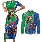 Personalised Rabbitohs And Knights Rugby Couples Matching Short Sleeve Bodycon Dress and Long Sleeve Button Shirt Aboriginal Mix Polynesian Pattern
