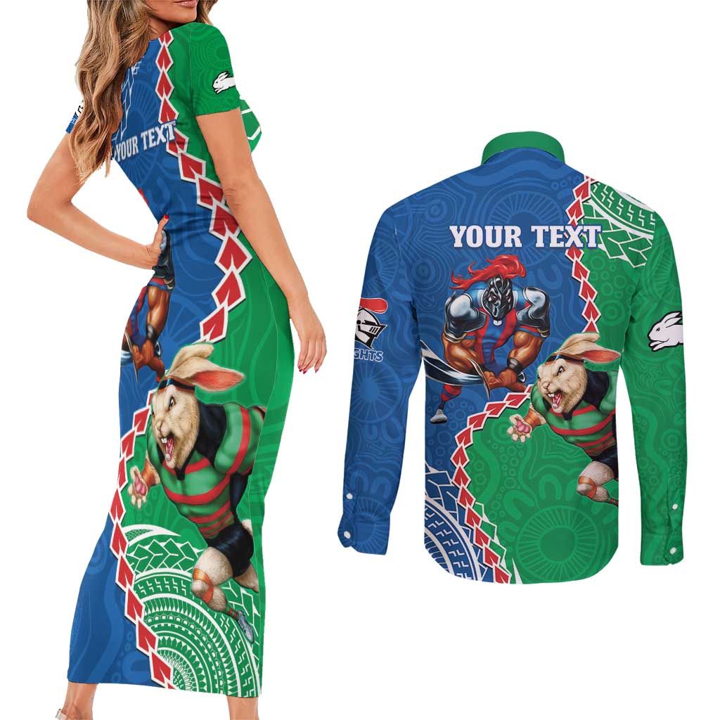 Personalised Rabbitohs And Knights Rugby Couples Matching Short Sleeve Bodycon Dress and Long Sleeve Button Shirt Aboriginal Mix Polynesian Pattern