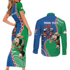 Personalised Rabbitohs And Knights Rugby Couples Matching Short Sleeve Bodycon Dress and Long Sleeve Button Shirt Aboriginal Mix Polynesian Pattern