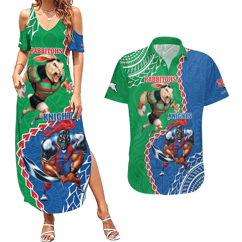Personalised Rabbitohs And Knights Rugby Couples Matching Summer Maxi Dress and Hawaiian Shirt Aboriginal Mix Polynesian Pattern