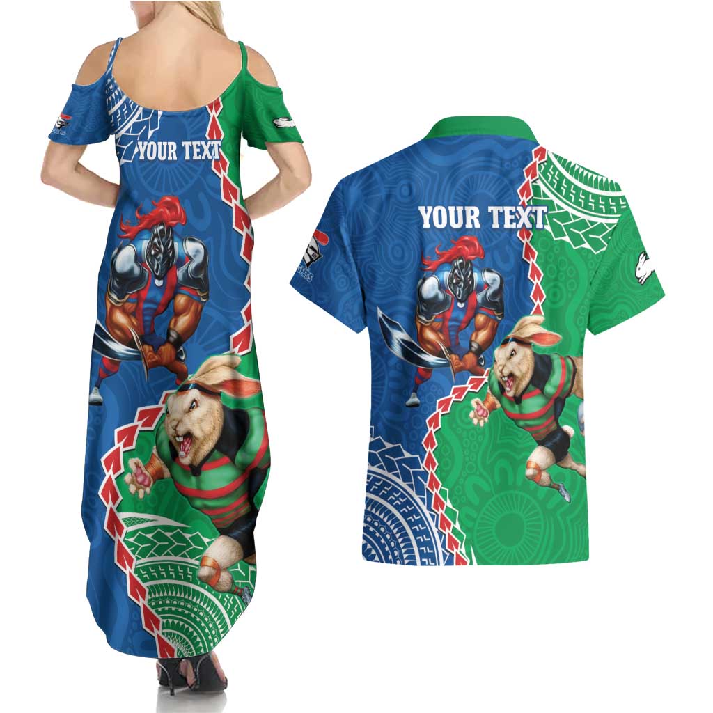 Personalised Rabbitohs And Knights Rugby Couples Matching Summer Maxi Dress and Hawaiian Shirt Aboriginal Mix Polynesian Pattern