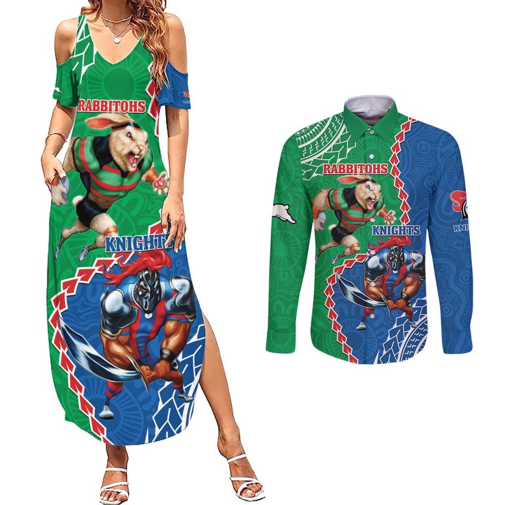 Personalised Rabbitohs And Knights Rugby Couples Matching Summer Maxi Dress and Long Sleeve Button Shirt Aboriginal Mix Polynesian Pattern