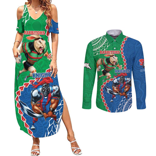 Personalised Rabbitohs And Knights Rugby Couples Matching Summer Maxi Dress and Long Sleeve Button Shirt Aboriginal Mix Polynesian Pattern