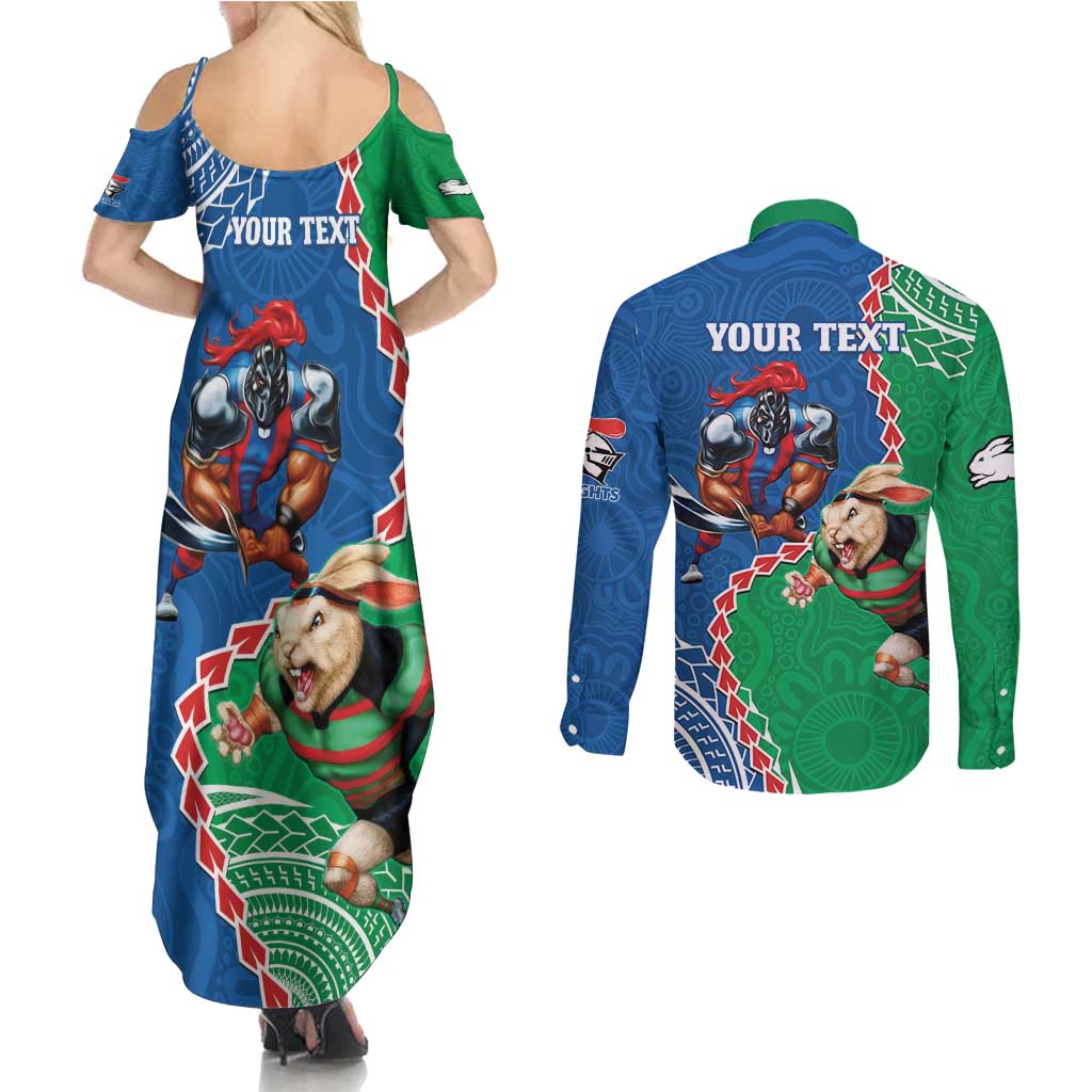 Personalised Rabbitohs And Knights Rugby Couples Matching Summer Maxi Dress and Long Sleeve Button Shirt Aboriginal Mix Polynesian Pattern