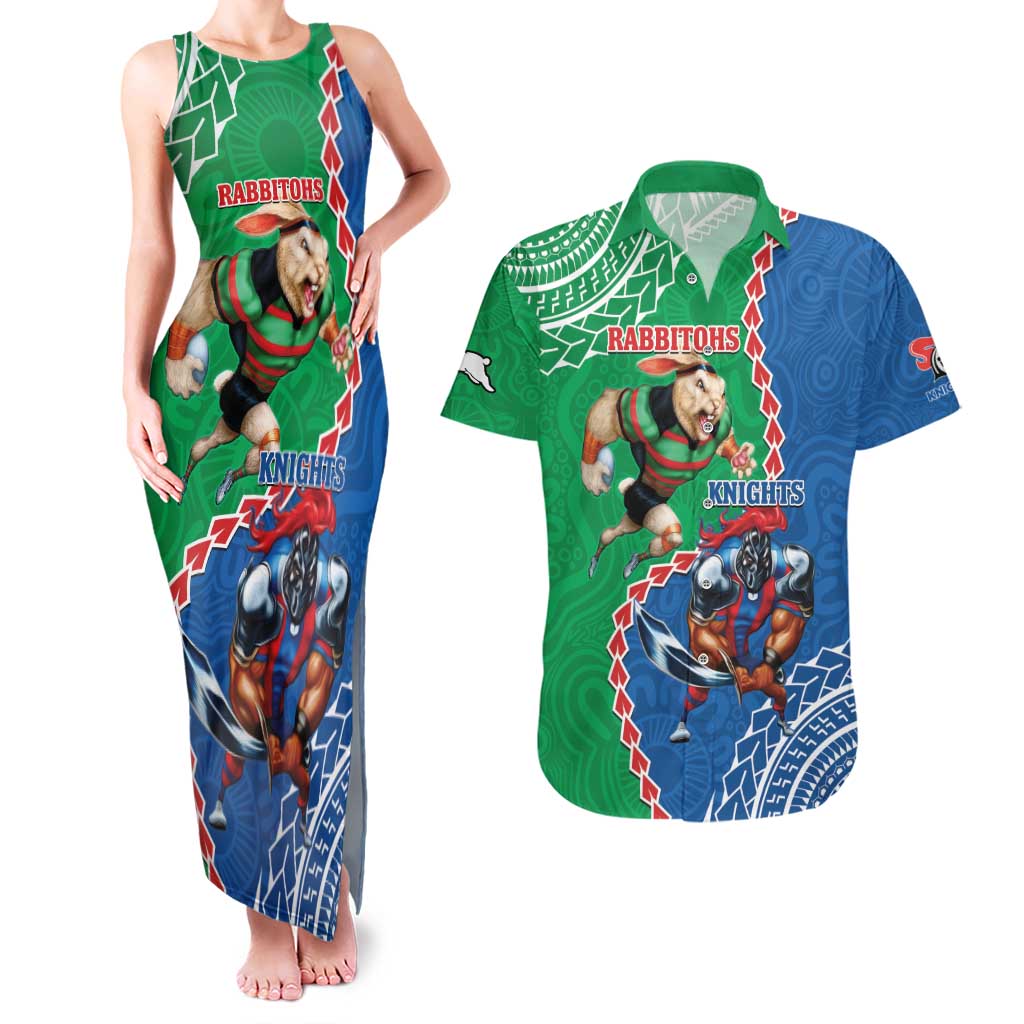 Personalised Rabbitohs And Knights Rugby Couples Matching Tank Maxi Dress and Hawaiian Shirt Aboriginal Mix Polynesian Pattern